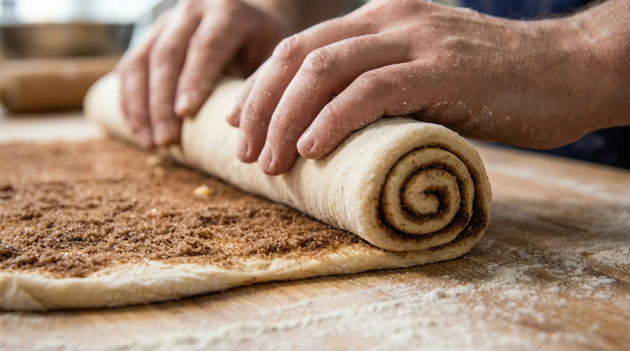 Mechanical rolling of cinnamon-sugar dough into a uniform cylinder