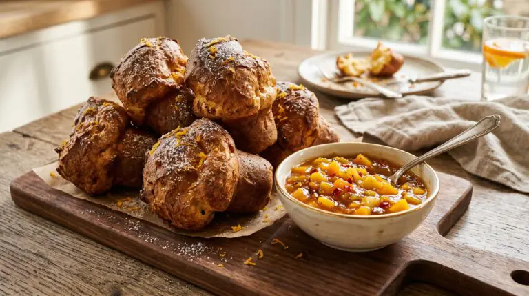 Stunning plated serving of Citrus Popovers & Tropical Chutney, a chef-tested recipe by Chef Jorj Morgan.