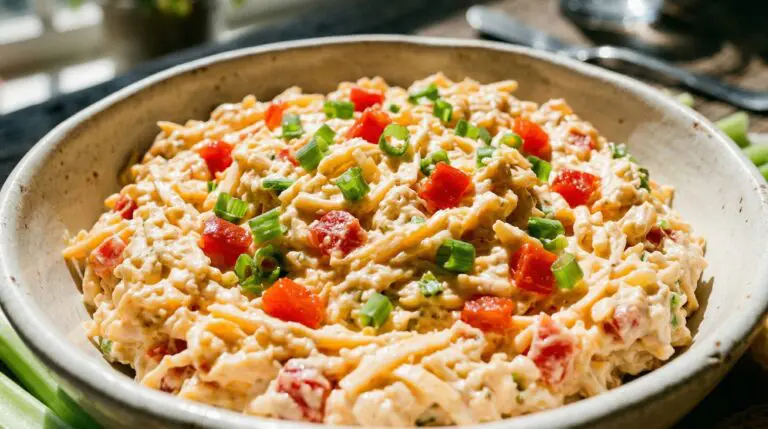 Stunning plated serving of Classic Southern Pimento Cheese Spread, a chef-tested recipe by Chef Jorj Morgan.