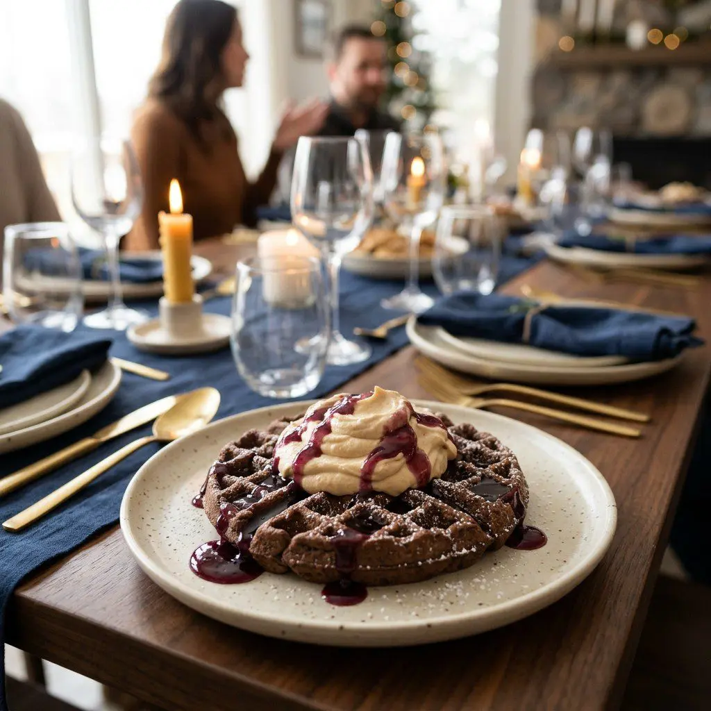 Action close-up of warm grape jelly syrup drizzling over a cocoa waffle topped with peanut butter cream