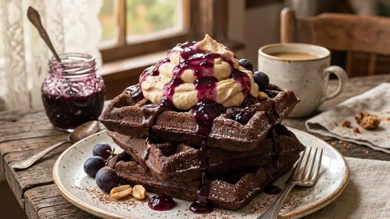 Stunning plated serving of Cocoa Waffles with Peanut Butter Whipped Cream and Grape Jelly Syrup, a chef-tested recipe by Chef Jorj Morgan.
