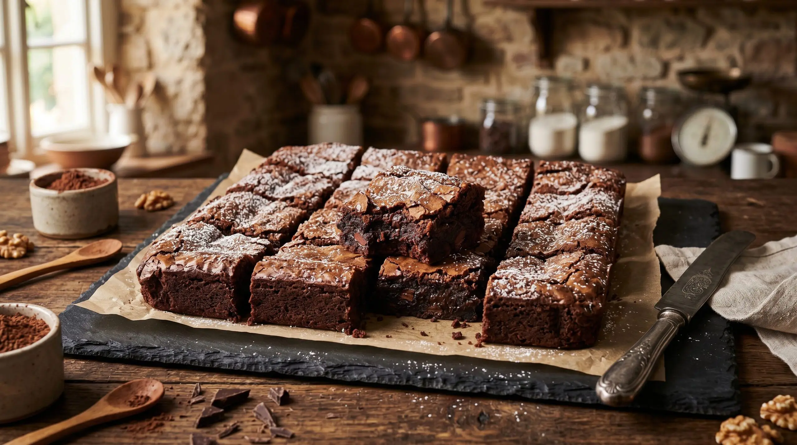 Stunning plated serving of Fudgy Crema Dark Chocolate Brownies, a chef-tested recipe by Chef Jorj Morgan.