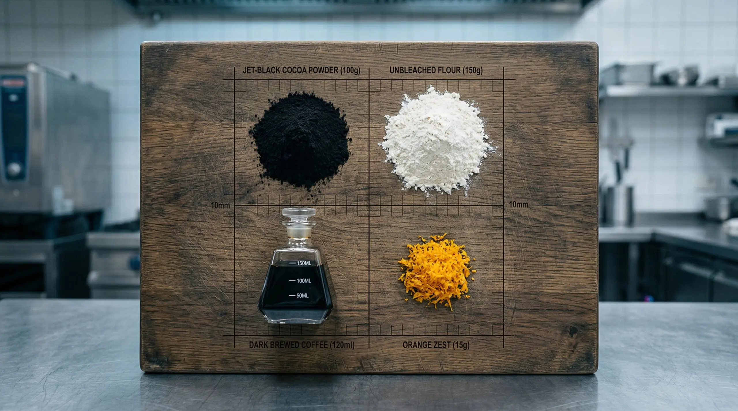 Jet-black cocoa powder, brewed coffee, and orange zest on a wooden prep board