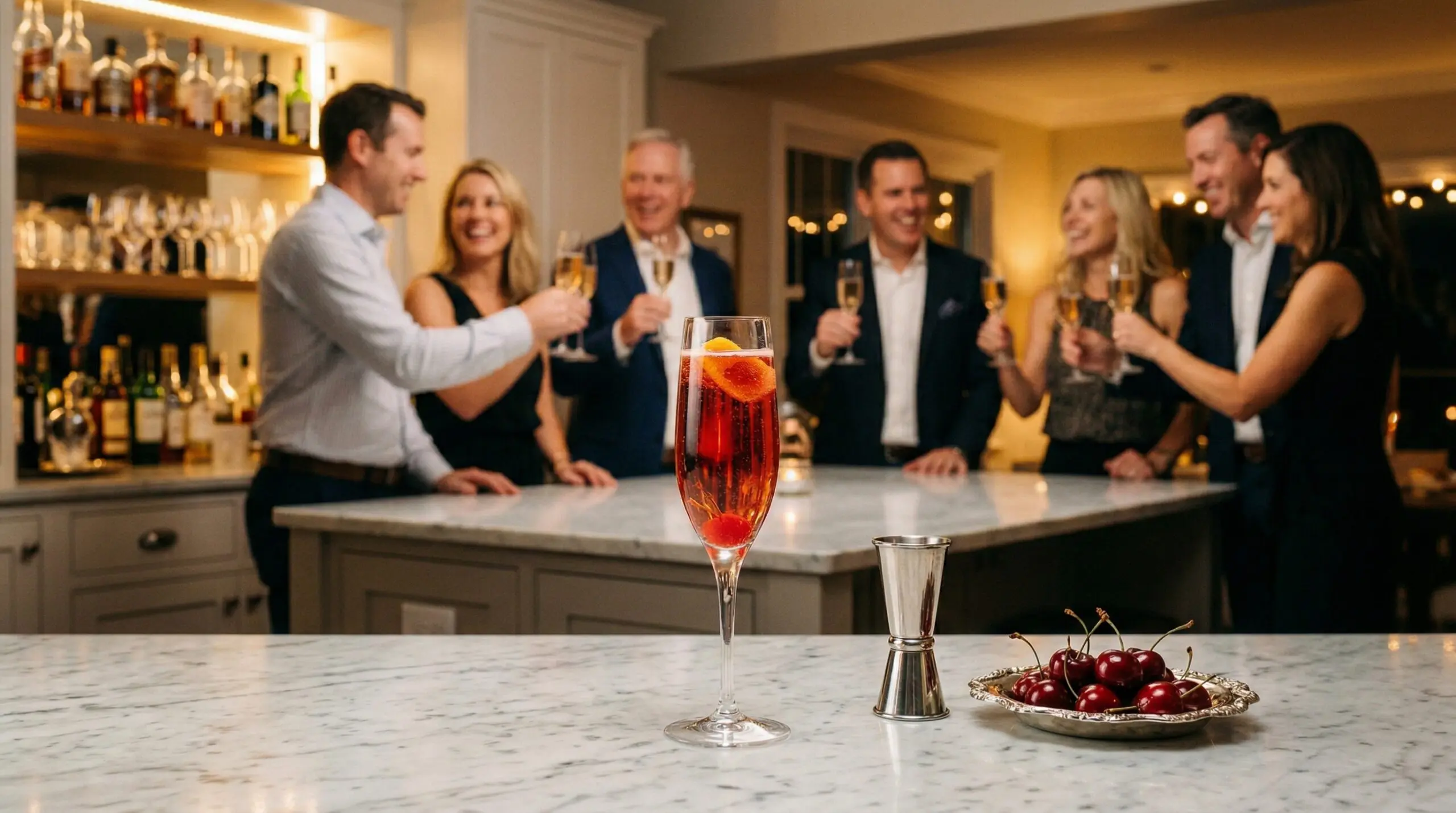A crystal champagne flute filled with a red cocktail, a polished silver jigger, and a small silver dish of fresh cherries in sharp focus in the foreground, with an elegant softly lit evening cocktail gathering blurred in the background