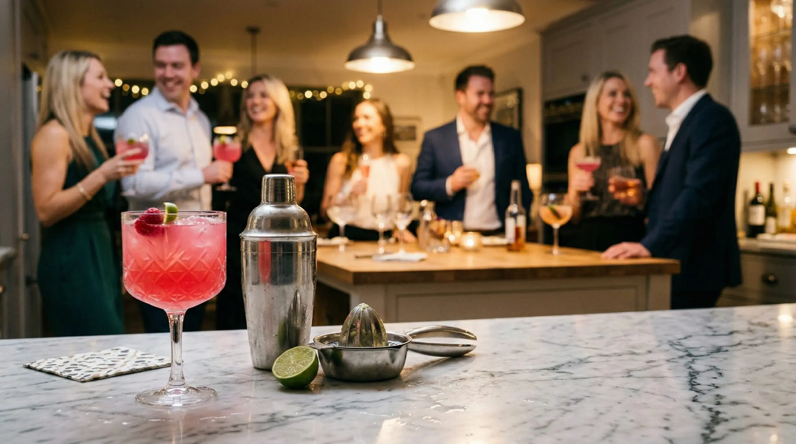 A heavy crystal cocktail glass filled with a bright pink drink, a professional stainless steel cocktail shaker, and a silver citrus juicer in sharp focus in the foreground, with an elegant softly lit evening cocktail party blurred in the background