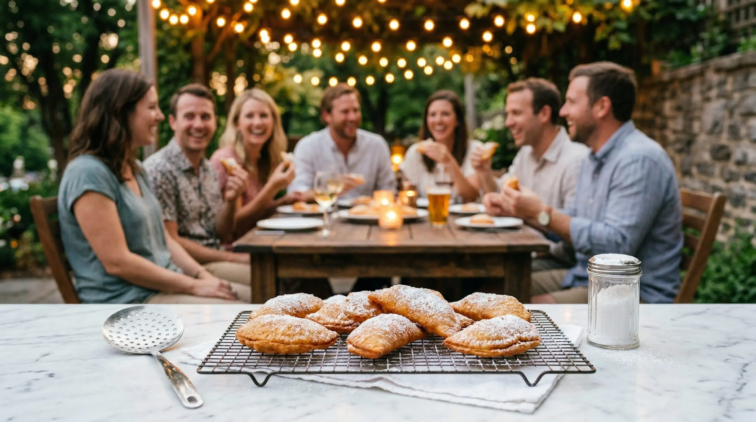 A wire cooling rack holding golden fried hand pies, a slotted spider spoon, and a sugar shaker in sharp focus in the foreground, with an elegant outdoor summer evening gathering blurred in the background