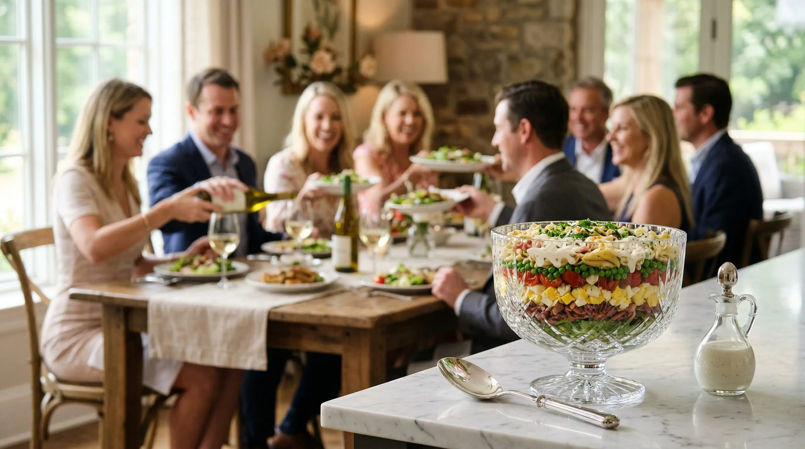 A heavy crystal trifle bowl holding the layered salad, a polished silver serving spoon, and a small glass cruet of extra dressing in sharp focus, with a softly lit afternoon luncheon gathering blurred in the background.