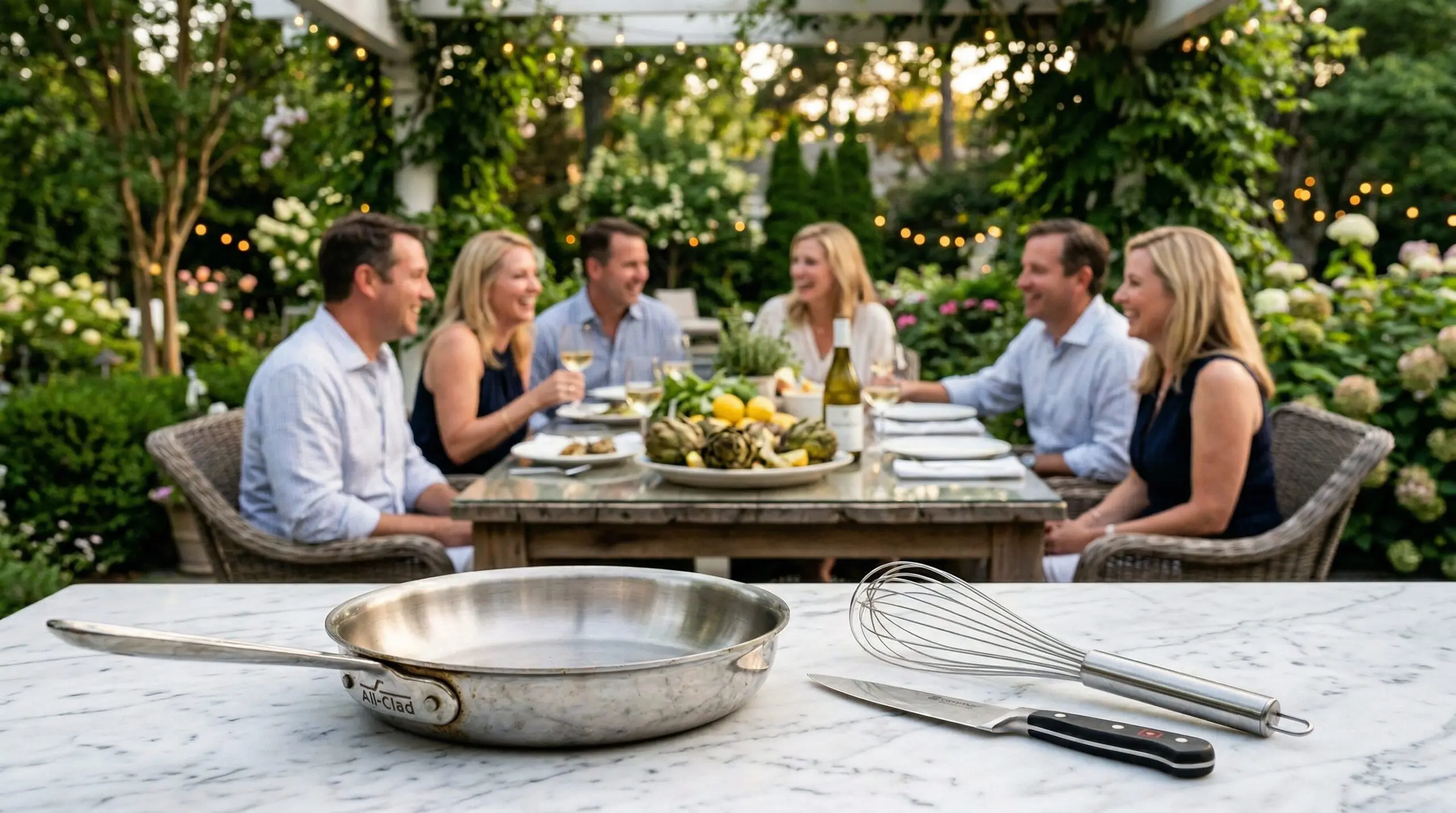 Outdoor garden gathering with guests sharing artichokes at a table with silver kitchen tools in the foreground