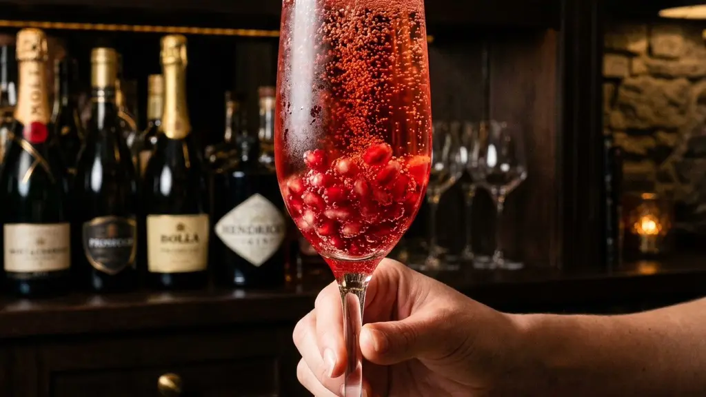 Stunning plated serving of Festive Pomegranate Sparkler, a chef-tested recipe by Chef Jorj Morgan.
