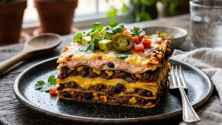 Stunning plated serving of Fiery Chili Lasagna, a chef-tested recipe by Chef Jorj Morgan.