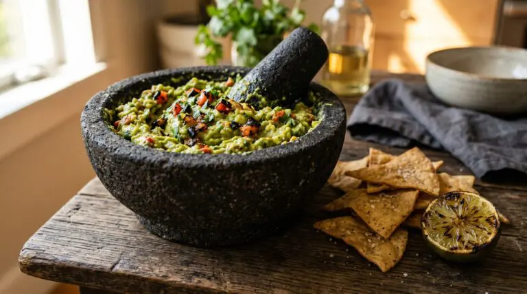 Stunning plated serving of Fire-Grilled Guacamole, a chef-tested recipe by Chef Jorj Morgan.