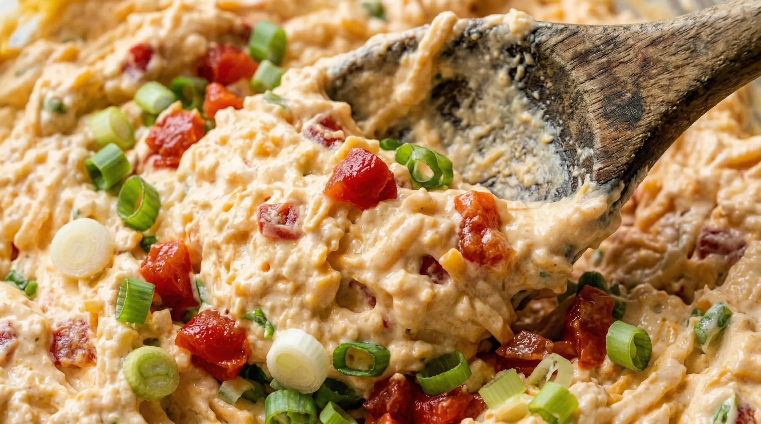 Macro detail of a professional wooden spoon actively folding bright red diced pimentos and sliced green onions into a thick, creamy cheddar cheese spread