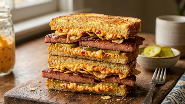 Stunning plated serving of Pimento Cheese Sandwiches with Fried Bologna, a chef-tested recipe by Chef Jorj Morgan.