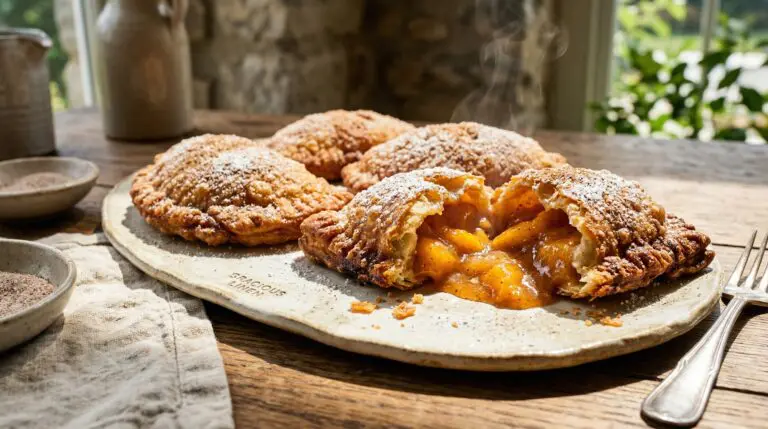 Stunning plated serving of Handy Fried Peach Pies, a chef-tested recipe by Chef Jorj Morgan.