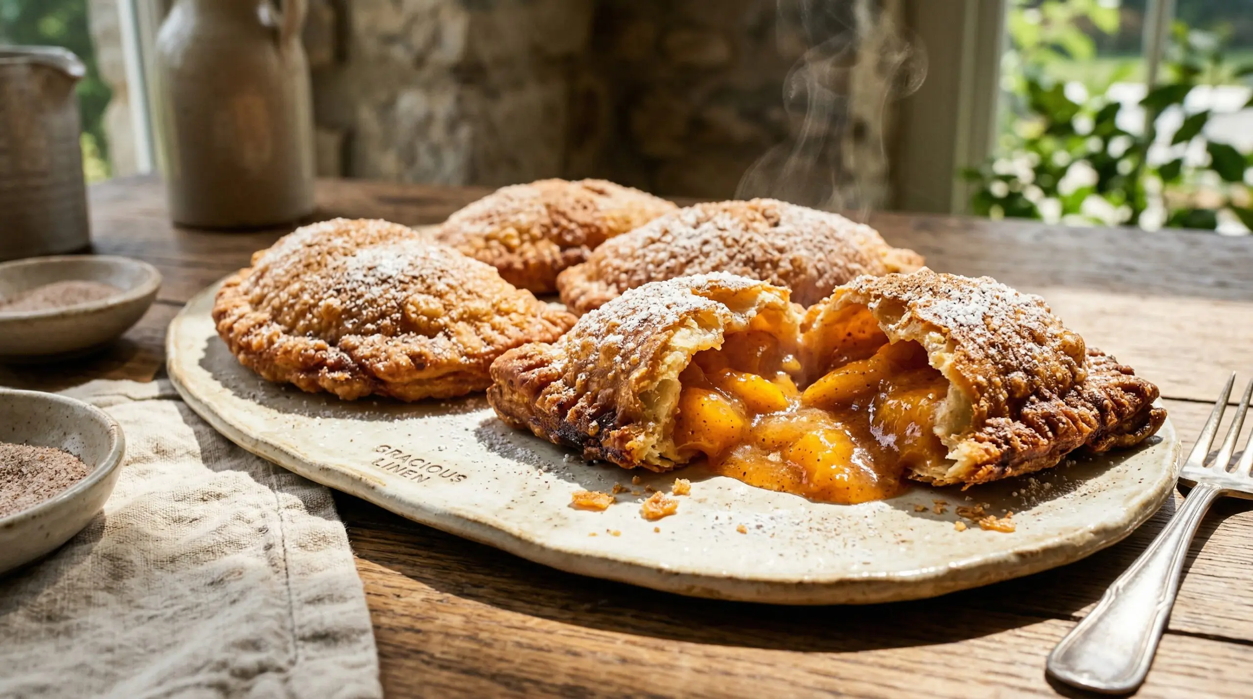 Stunning plated serving of Handy Fried Peach Pies, a chef-tested recipe by Chef Jorj Morgan.