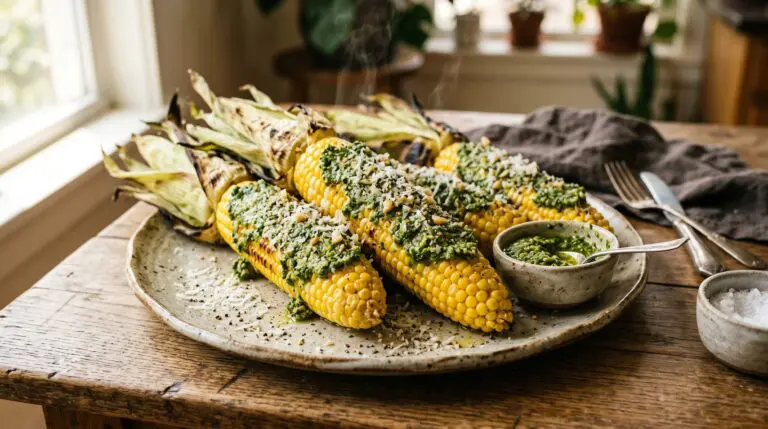 Stunning plated serving of Garlic Scape Pesto Sweet Corn, a chef-tested recipe by Chef Jorj Morgan.