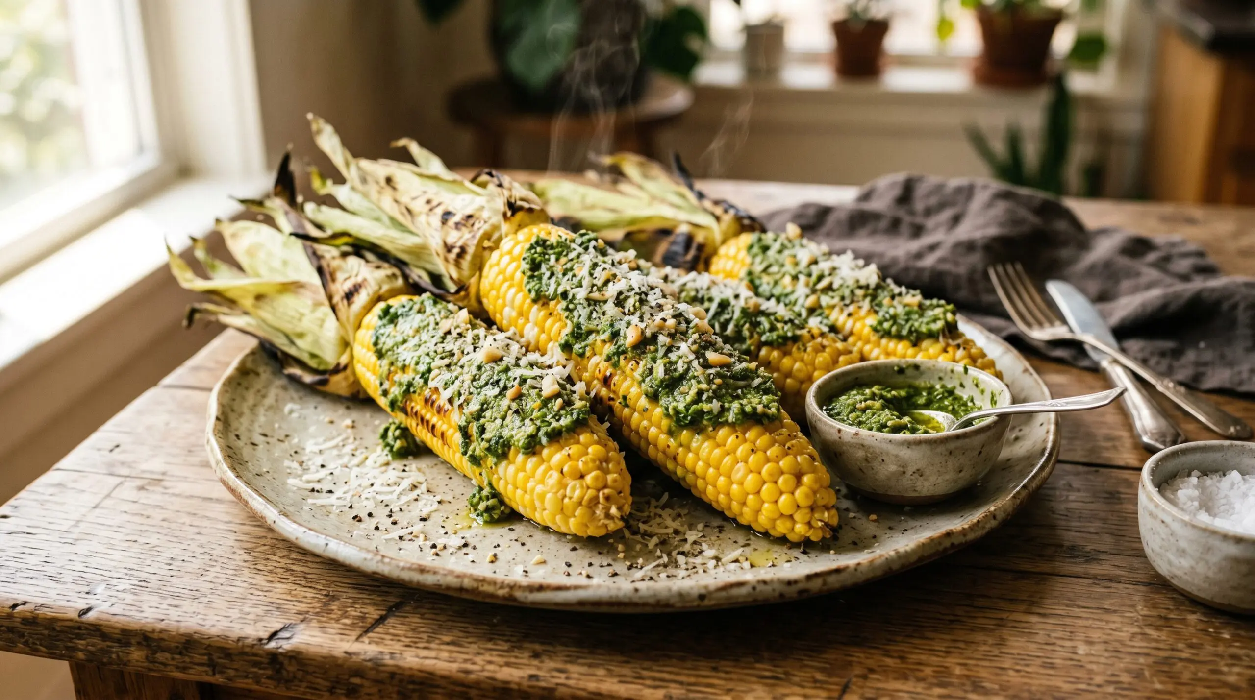 Stunning plated serving of Garlic Scape Pesto Sweet Corn, a chef-tested recipe by Chef Jorj Morgan.