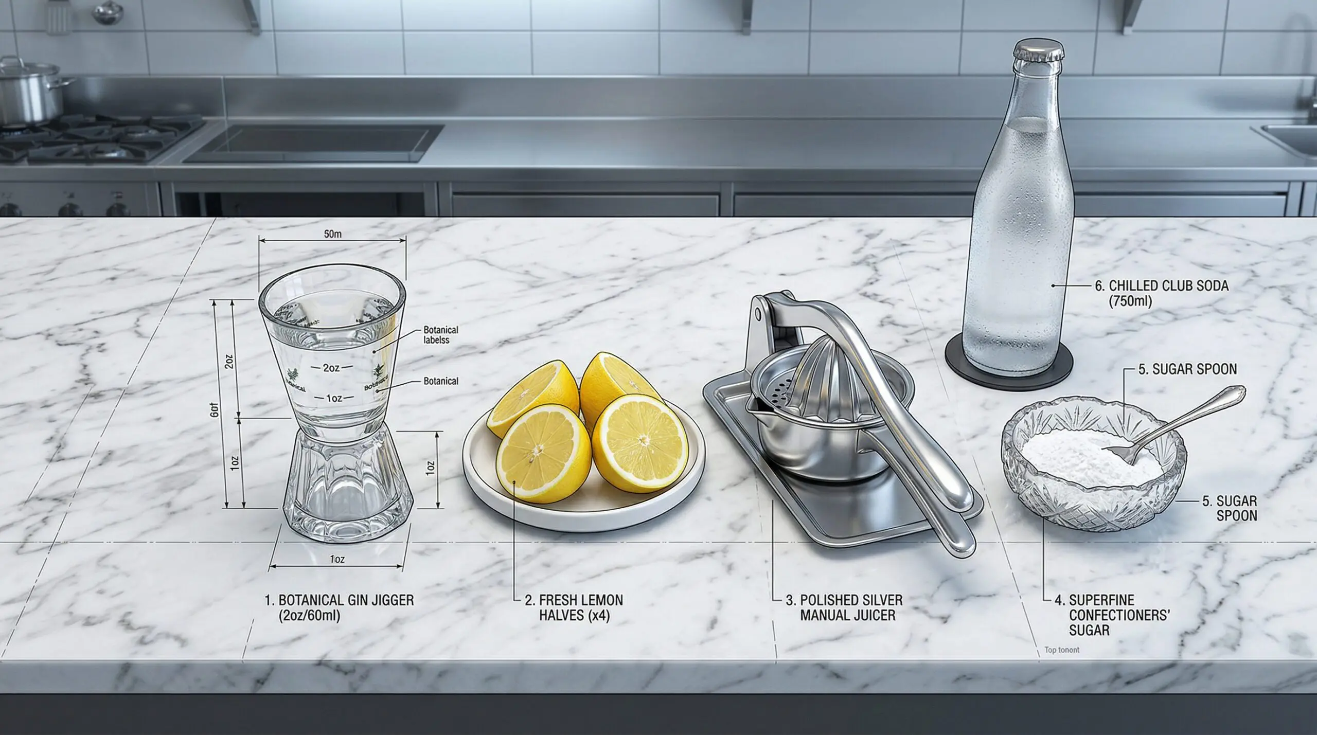 A heavy glass jigger filled with botanical, clear gin resting next to freshly halved bright yellow lemons, a polished silver manual citrus juicer, and a small crystal dish of superfine confectioners' sugar