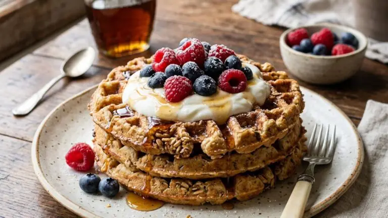 Stunning plated serving of Granola Waffles with Yogurt and Berries, a chef-tested recipe by Chef Jorj Morgan.