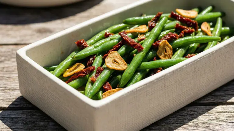 Stunning plated serving of Green Beans with Sliced Garlic & Sun-Dried Tomatoes, a chef-tested recipe by Chef Jorj Morgan.