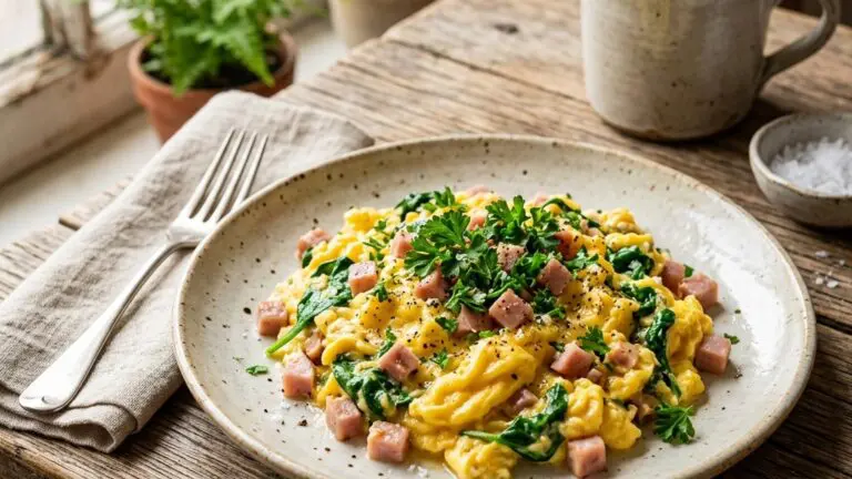 Stunning plated serving of Green Eggs and Ham Scramble, a chef-tested recipe by Chef Jorj Morgan.