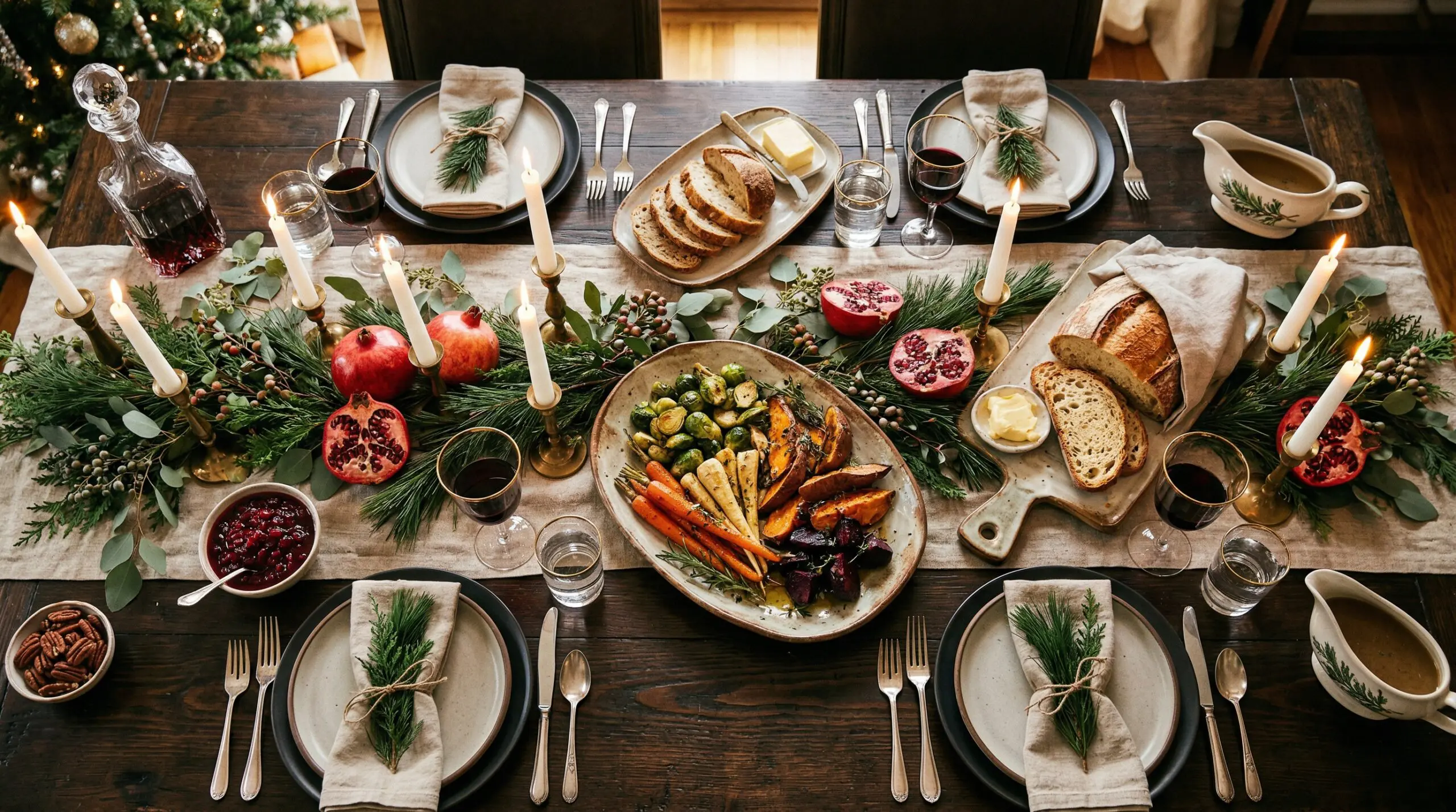 A breathtaking, abundant holiday tablescape with roasted winter vegetables and pine sprigs