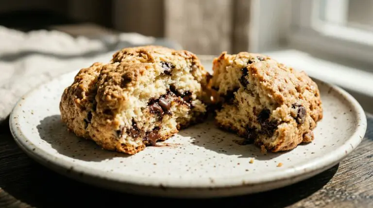 Stunning plated serving of Heavy Cream & Chocolate Chip Scones, a chef-tested recipe by Chef Jorj Morgan.
