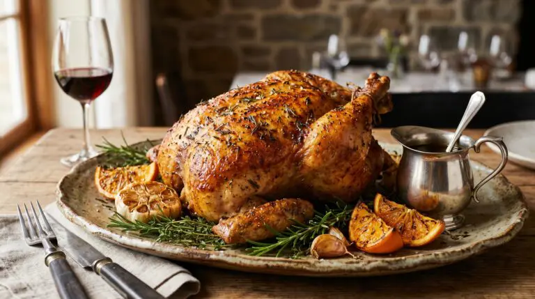 Stunning plated serving of Herb Roasted Whole Chicken, a chef-tested recipe by Chef Jorj Morgan.
