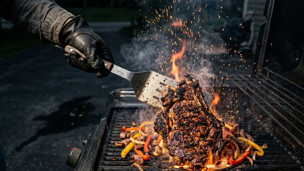 A spatula flipping sizzling steak fajitas on an outdoor grill in the dark.