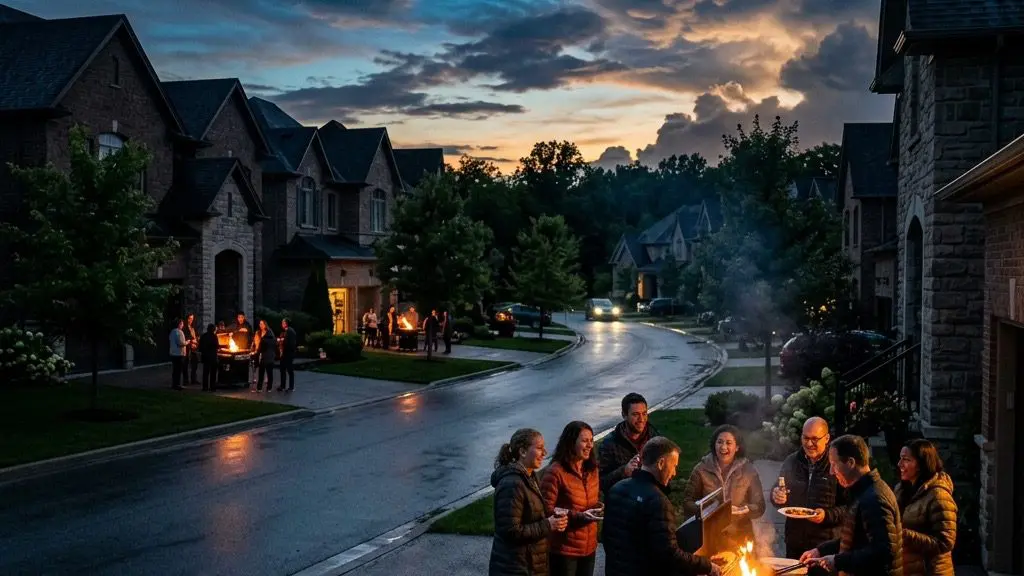 Neighbors gathered in driveways around glowing grills at twilight.