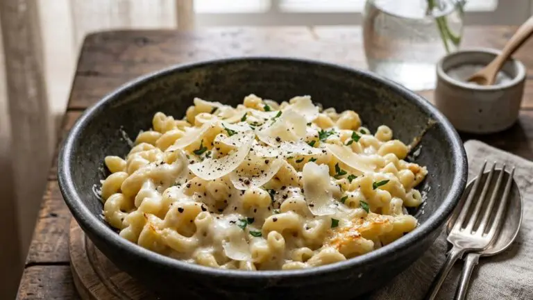 Stunning plated serving of Northern Italian Style Mac and Cheese, a chef-tested recipe by Chef Jorj Morgan.