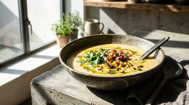 Stunning plated serving of Jalapeno Corn Bisque, a chef-tested recipe by Chef Jorj Morgan.