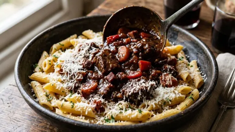 Stunning plated serving of Lamb Ragu over Penne Rigate, a chef-tested recipe by Chef Jorj Morgan.