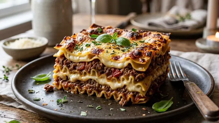 Stunning plated serving of Lasagna Bolognese, a chef-tested recipe by Chef Jorj Morgan.