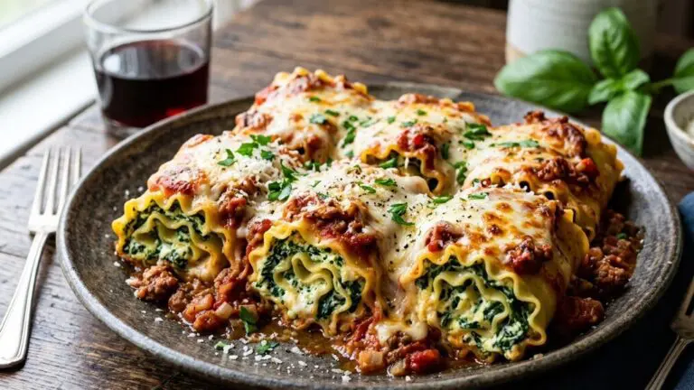 Stunning plated serving of Lasagna Roll-ups, a chef-tested recipe by Chef Jorj Morgan.