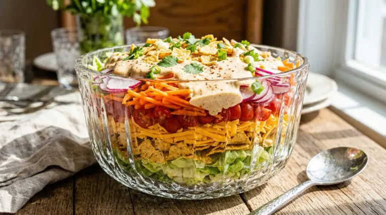 Stunning plated serving of Layered Chopped Salad, a chef-tested recipe by Chef Jorj Morgan.