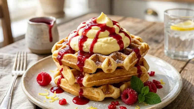 Stunning plated serving of Lemon Sunrise Waffles with Lemon Cream and Raspberry Syrup, a chef-tested recipe by Chef Jorj Morgan.