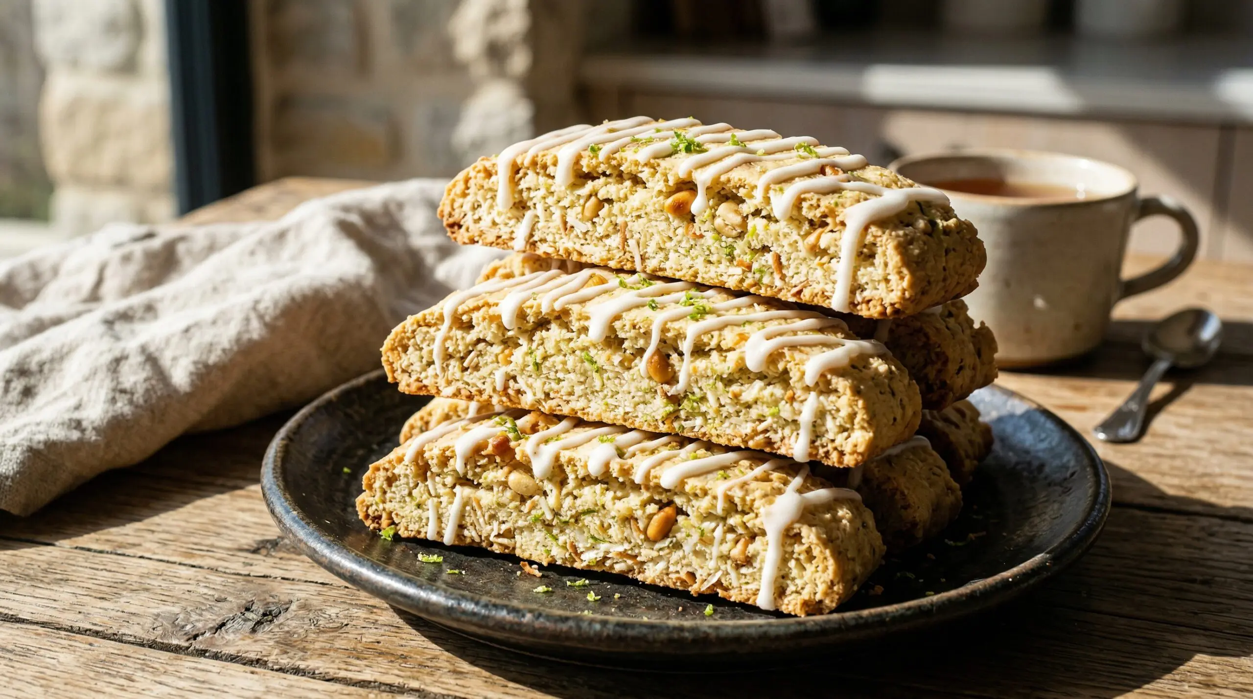 Stunning plated serving of Lime and Toasted Coconut Biscotti, a chef-tested recipe by Chef Jorj Morgan.