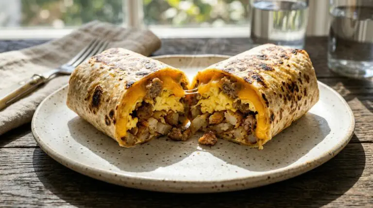 Stunning plated serving of Loaded Hot Breakfast Burritos, a chef-tested recipe by Chef Jorj Morgan.