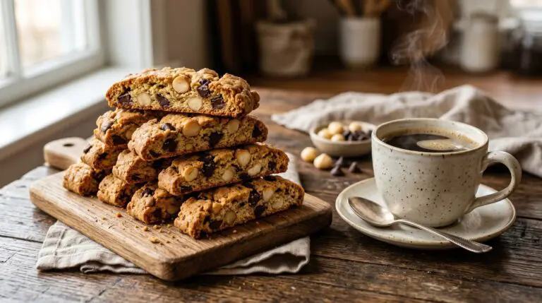 Stunning plated serving of Macadamia Chocolate Chip Biscotti, a chef-tested recipe by Chef Jorj Morgan.