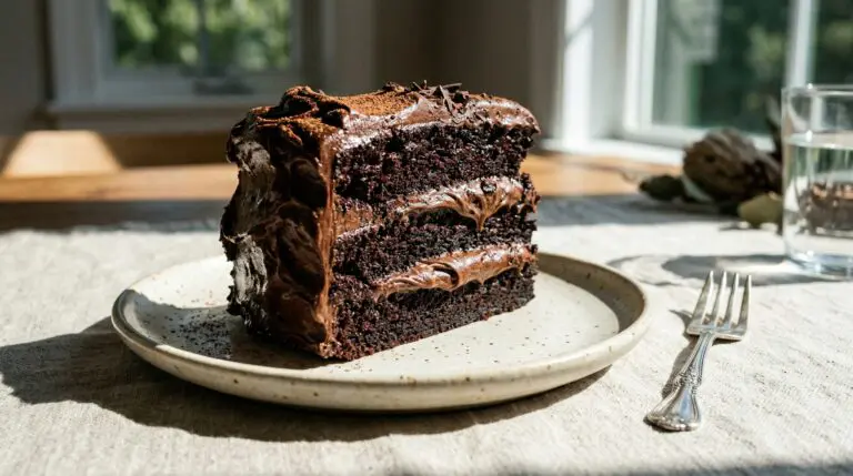 Stunning plated serving of Devil’s Food Chocolate Cake with Black Walnut, a chef-tested recipe by Chef Jorj Morgan.