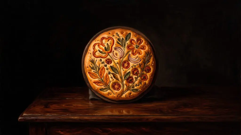 Golden brown focaccia bread beautifully decorated with fresh herbs, cherry tomatoes, and olives to resemble a vibrant flower garden.