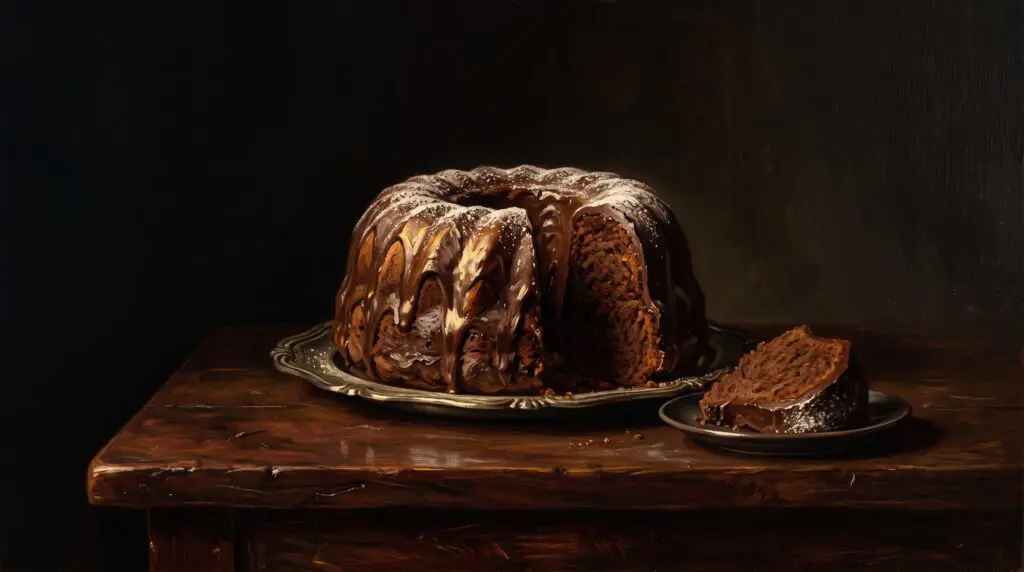 A slice of rich, moist chocolate cake topped with thick fudge frosting, perfect for a family birthday celebration.