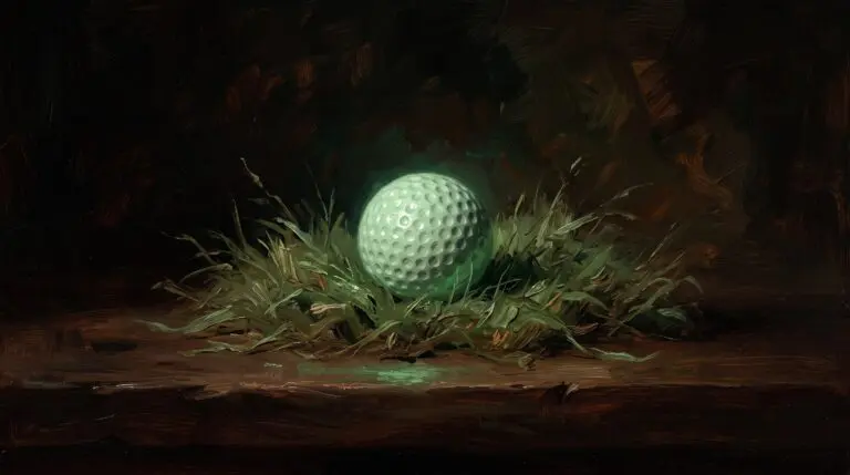 A tranquil, misty morning view of a lush green golf course tee box nestled in the mountains.