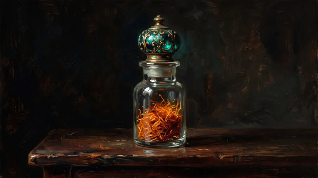 Colorful and aromatic ground spices spilling from elegant glass apothecary jars on a rustic wooden shelf.