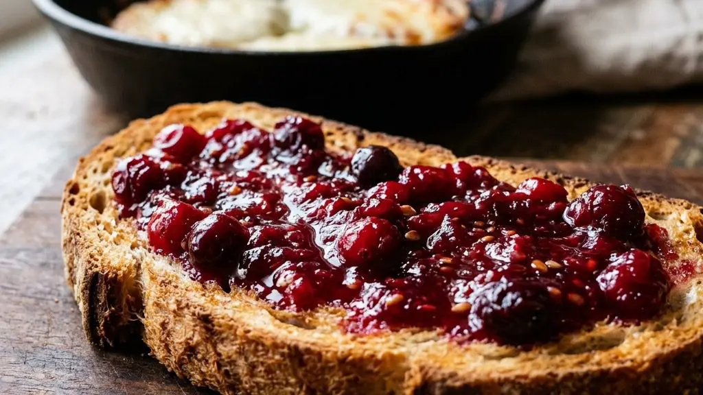 A tightly zoomed macro shot of sweet Cranberry sauce smeared across a thick slice of golden toasted artisan bread