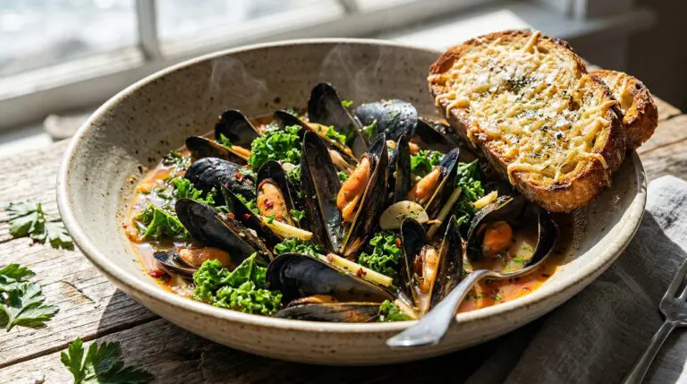 Stunning plated serving of Mussels in Ginger-Garlic Broth, a chef-tested recipe by Chef Jorj Morgan.
