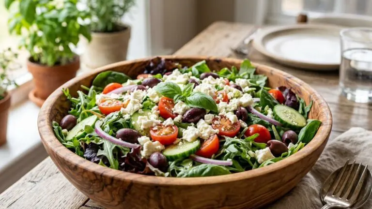 Stunning plated serving of My Way” Green Salad with Olives and Feta Cheese, a chef-tested recipe by Chef Jorj Morgan.