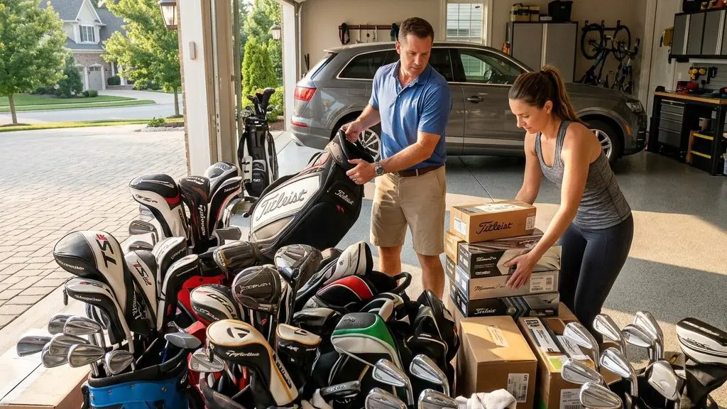 Loading a pile of lightly used high-end golf bags into a suburban garage.