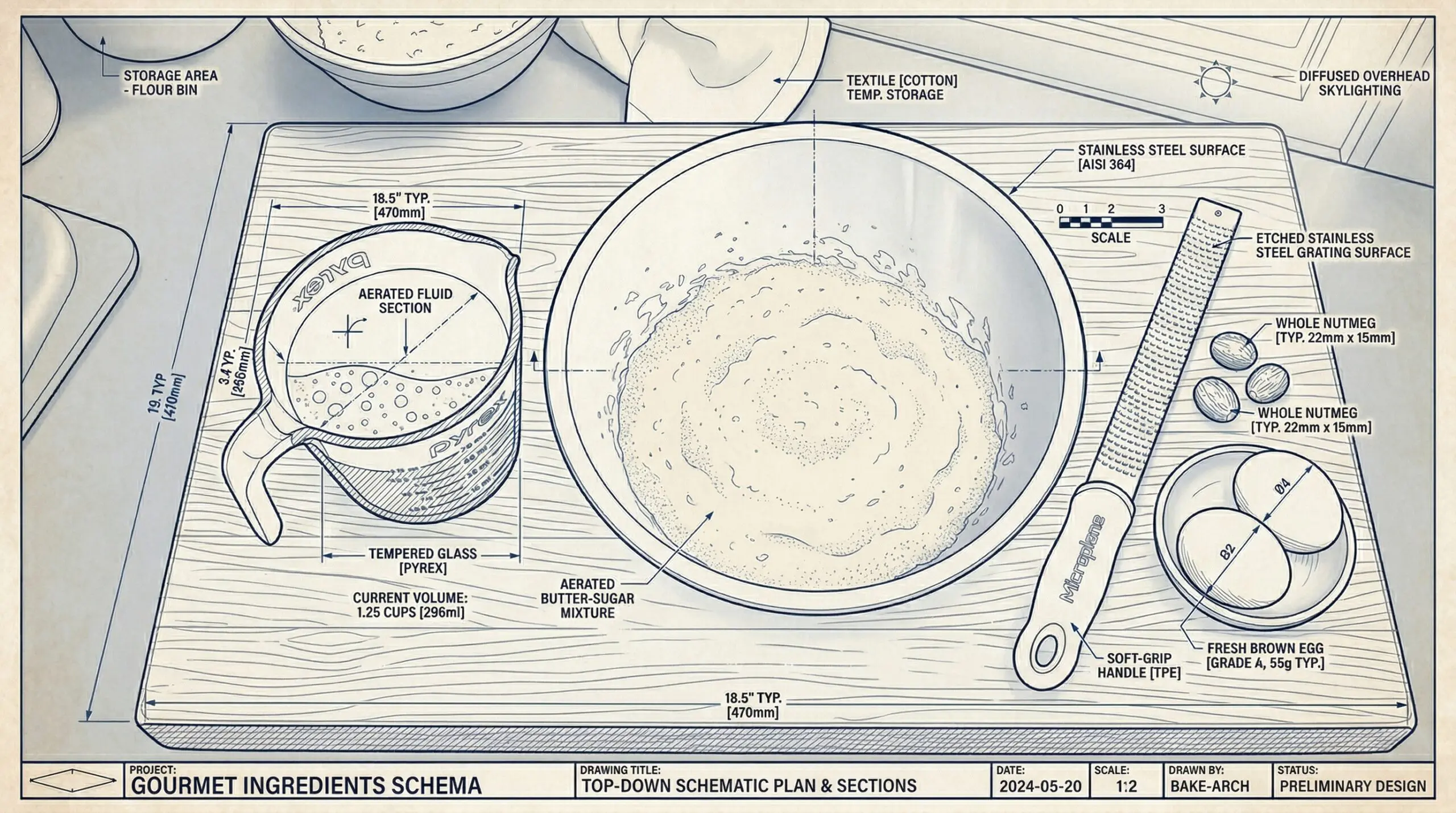 A heavy glass measuring cup filled with thick buttermilk next to a stainless steel bowl of pale, aerated creamed butter and fresh nutmeg on a wooden prep board